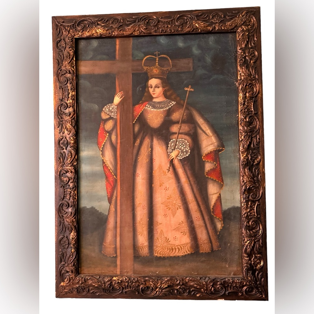 - Antique Cusco School Peru Canvas religious Oil painting 1800s Wood frame
